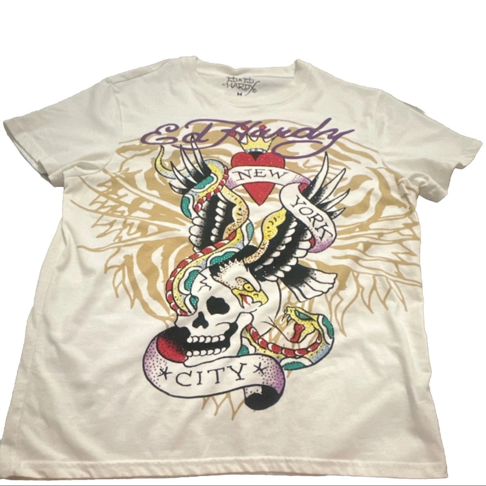 Ed Hardy Men’s Ivory Graphic Tattoo Skull T-Shirt